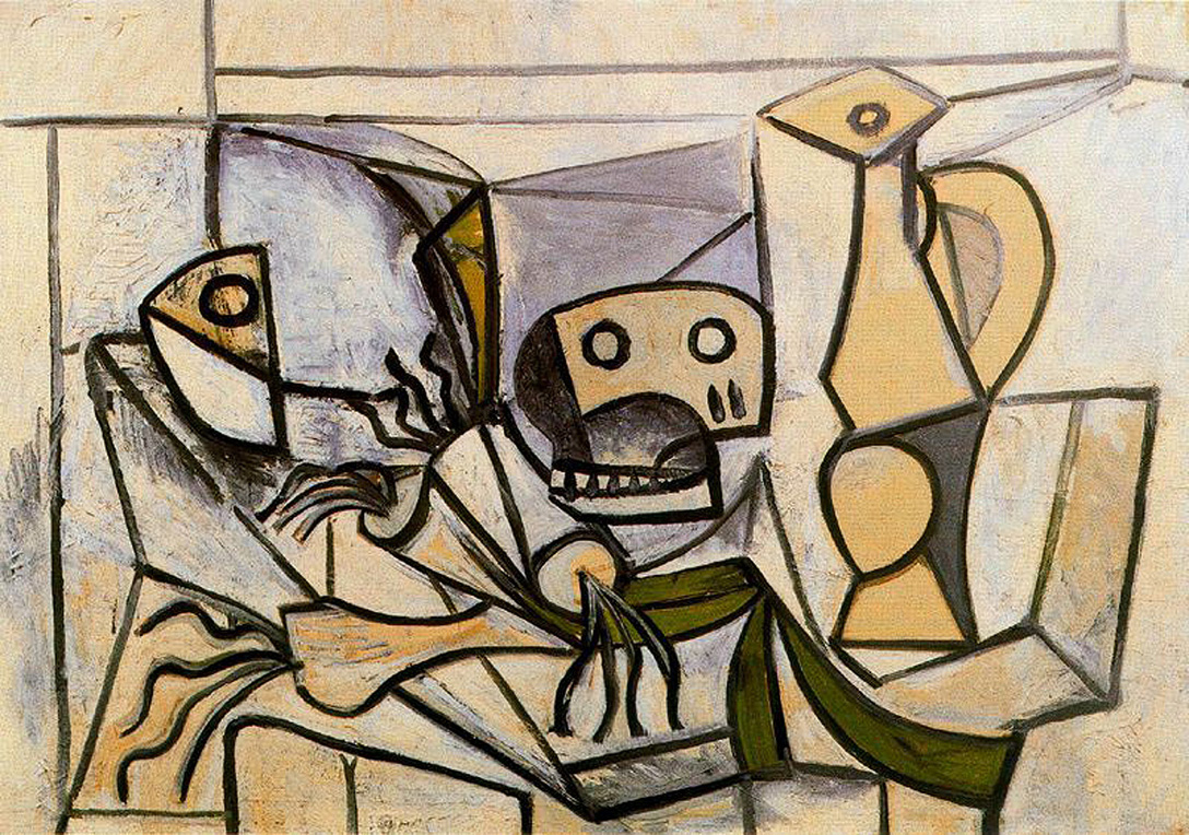 Picasso Leeks, fish head, skull and pitcher 1945